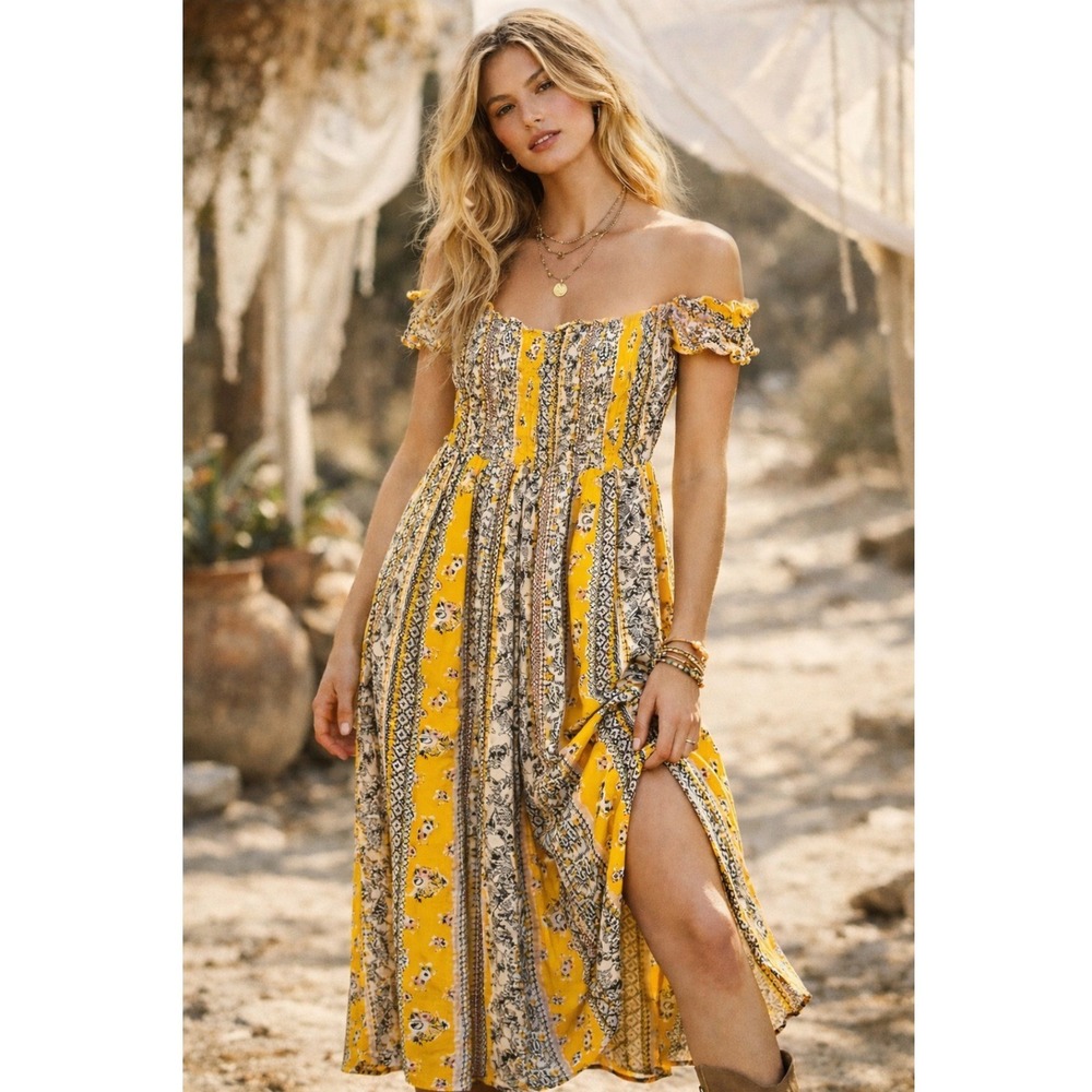 J For Justify Floral Paisley Smocked Off Shoulder Maxi Dress XL Boho Cottagecore